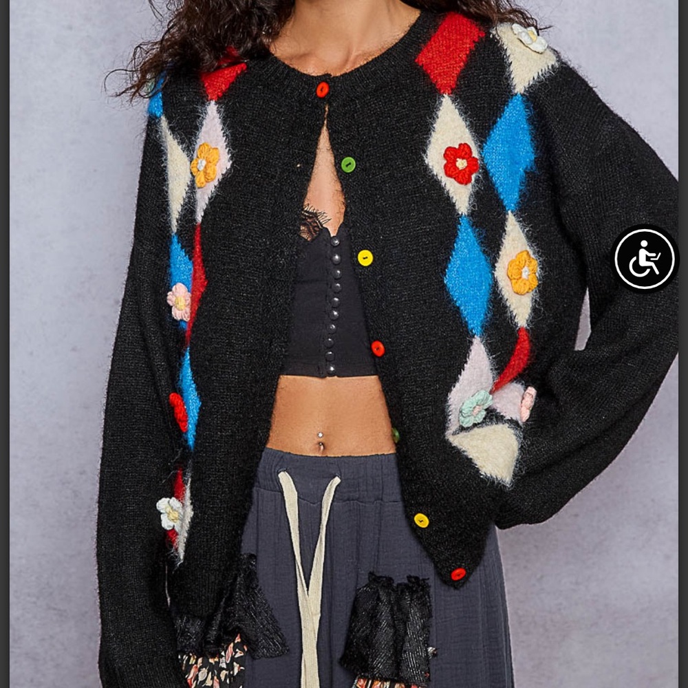 POL Women's Argyle Cardigan - Black, Red, Blue